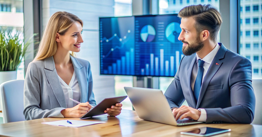 A male and female business consultant discussing data reports on a laptop in a bright modern office. Top Business Consultants in UK.